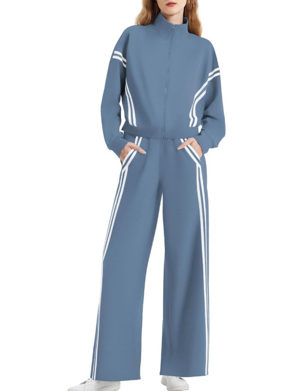 Chic Women's 2-Piece Lounge Set, Zip-Up Sweatshirt & Striped Tracksuit Outfit